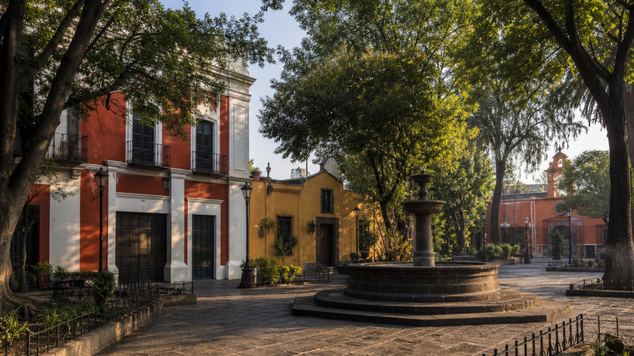 Plaza arbolada y arquitectura tradicional de Coyoacán, Ciudad de México