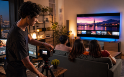 Creador ajusta una cámara mientras un grupo ve contenido digital en una televisión conectada