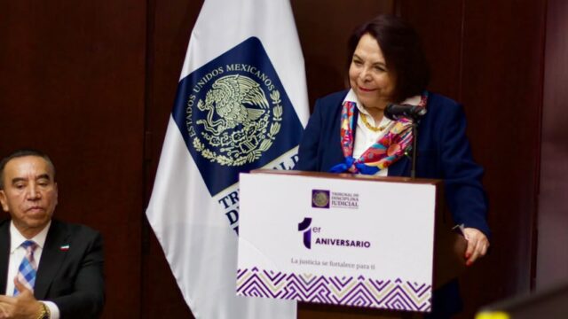 Celia Maya García durante su intervención en el primer aniversario del Tribunal de Disciplina Judicial