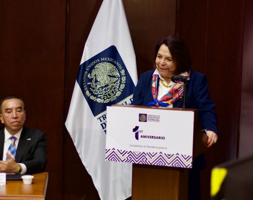 Celia Maya García durante su intervención en el primer aniversario del Tribunal de Disciplina Judicial
