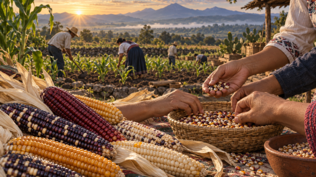 Maíces nativos de distintos colores y manos de una comunidad que seleccionan semillas en una milpa mexicana.