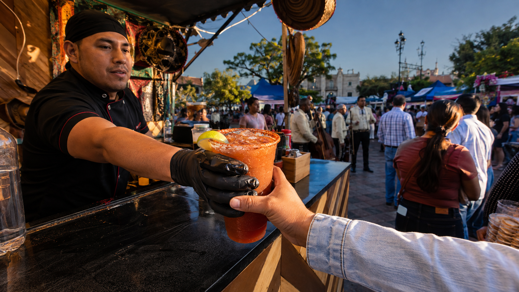 Una michelada escarchada pasa de una barra a manos de una persona mientras músicos y puestos de comida se preparan en una plaza de Villagrán