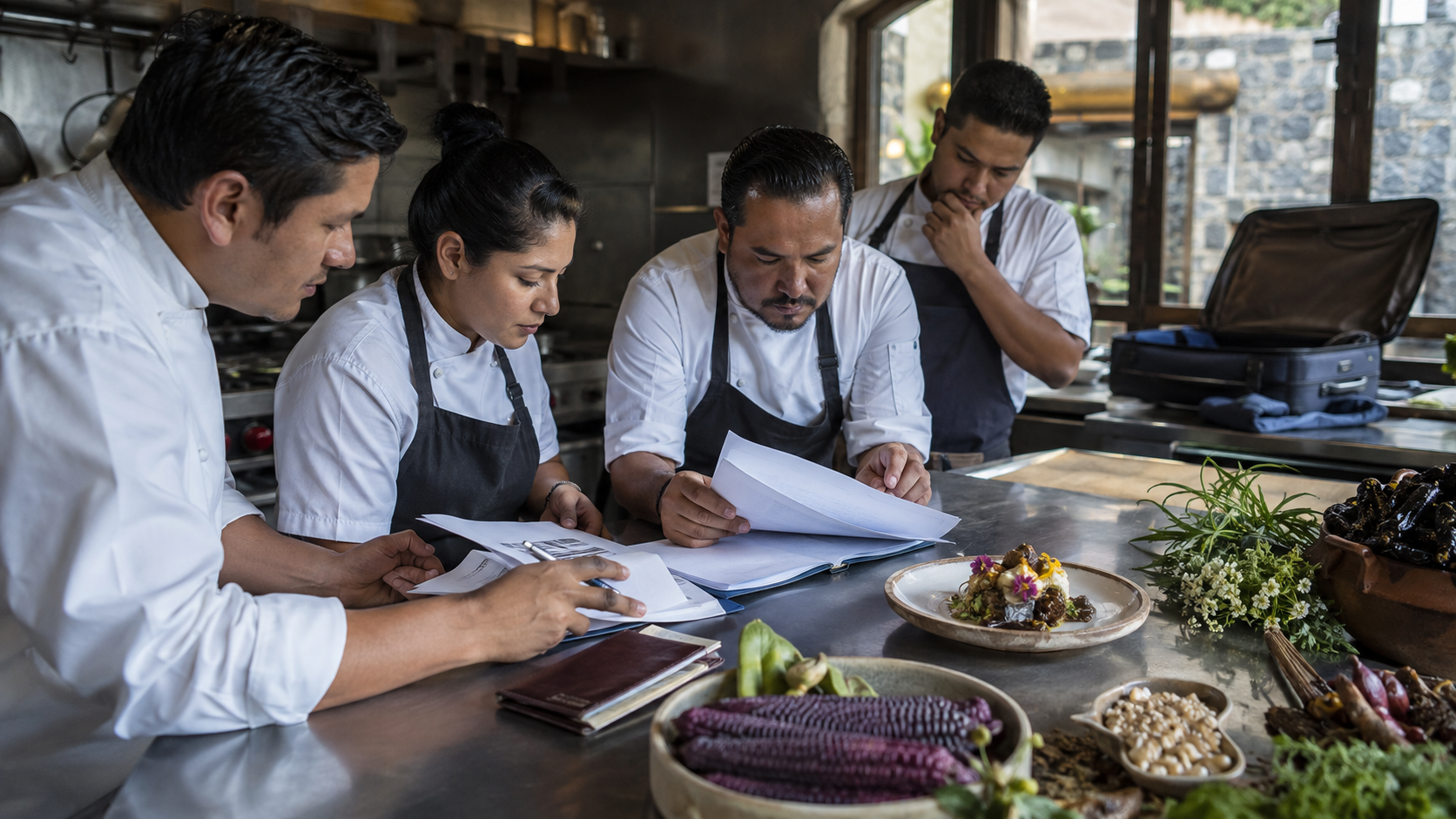 Chef y brigada de cocina revisan documentos de una convocatoria internacional junto a ingredientes del Estado de México y un platillo listo para presentar